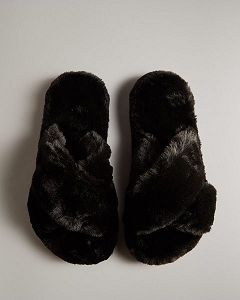 Black Hunter Faux Fur Flatform Crossover Women's Slides | Ireland-80574