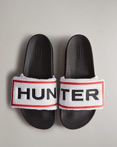 White / Black Hunter Terry Towelling Logo Adjustable Women's Slides | Ireland-37562