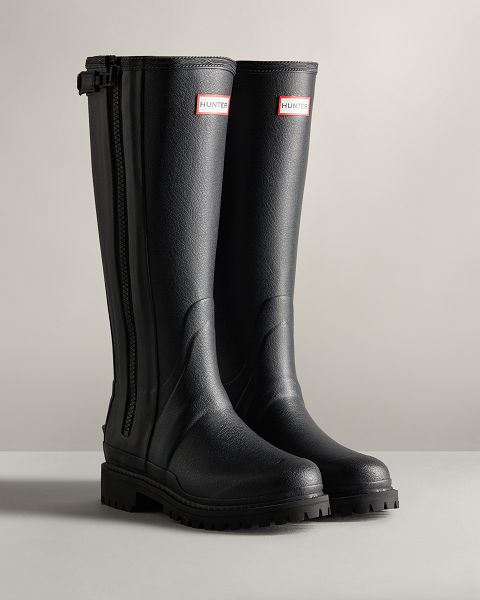 Black Hunter Balmoral Commando Rubber Zip Tall Women's Rain Boots | Ireland-16582