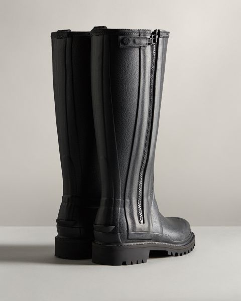 Black Hunter Balmoral Commando Rubber Zip Tall Women's Rain Boots | Ireland-16582