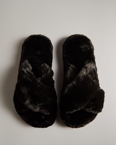 Black Hunter Faux Fur Flatform Crossover Women\'s Slides | Ireland-80574