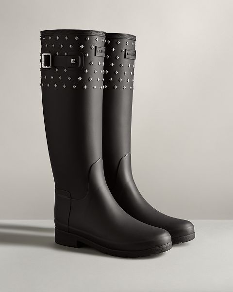 Black Hunter Refined Slim Fit Tall Stud Cuff Women's Rain Boots | Ireland-48275