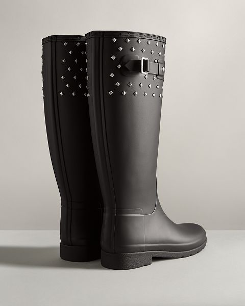 Black Hunter Refined Slim Fit Tall Stud Cuff Women's Rain Boots | Ireland-48275