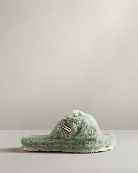 Green Hunter Faux Fur Flatform Crossover Women's Slides | Ireland-74803