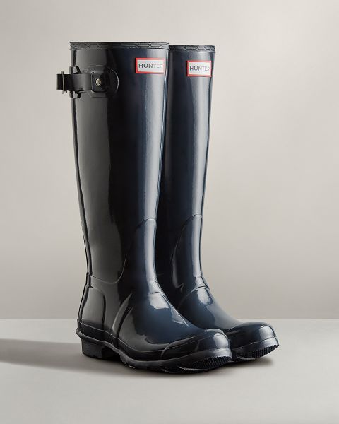 Navy Hunter Original Tall Gloss Women's Rain Boots | Ireland-82796