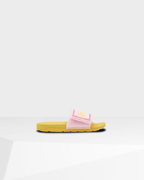 Pink / Yellow Hunter Terry Towelling Logo Adjustable Women's Slides | Ireland-67815