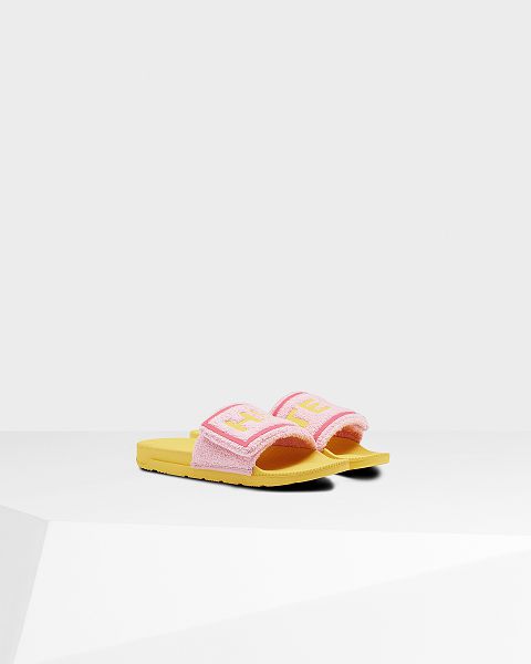 Pink / Yellow Hunter Terry Towelling Logo Adjustable Women's Slides | Ireland-67815