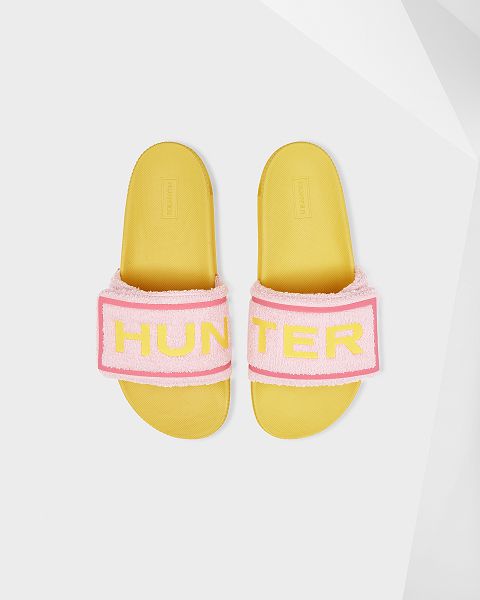 Pink / Yellow Hunter Terry Towelling Logo Adjustable Women\'s Slides | Ireland-67815