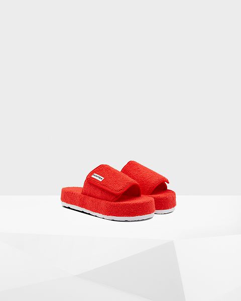 Red Hunter Terry Towelling Beach Platform Adjustable Women's Slides | Ireland-12067