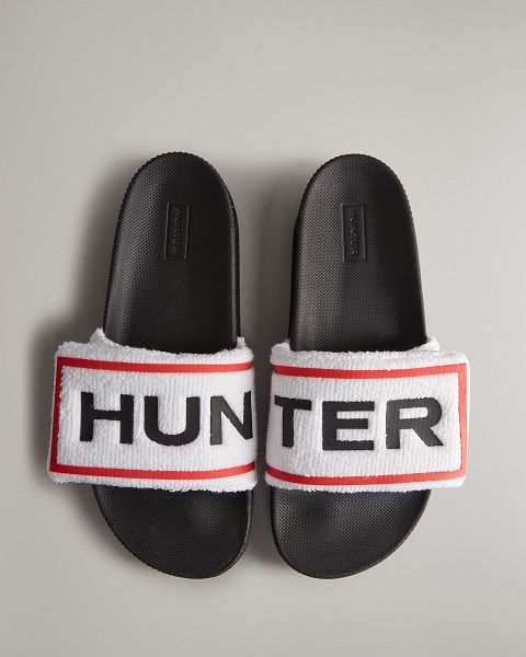 White / Black Hunter Terry Towelling Logo Adjustable Women\'s Slides | Ireland-37562