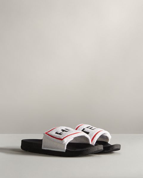 White / Black Hunter Terry Towelling Logo Adjustable Men's Slides | Ireland-43079