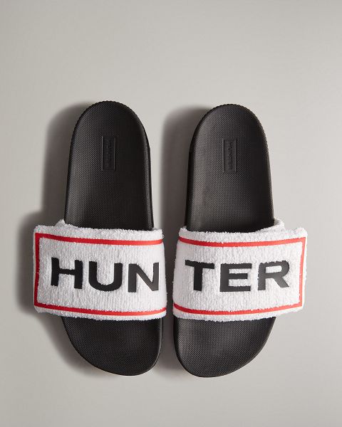 White / Black Hunter Terry Towelling Logo Adjustable Men\'s Slides | Ireland-43079