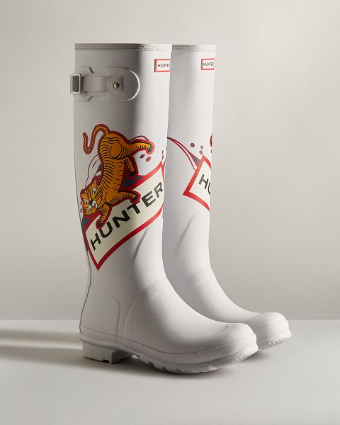 White / Brown Hunter Lunar New Year Large Tiger Logo Tall Women's Rain Boots | Ireland-25489