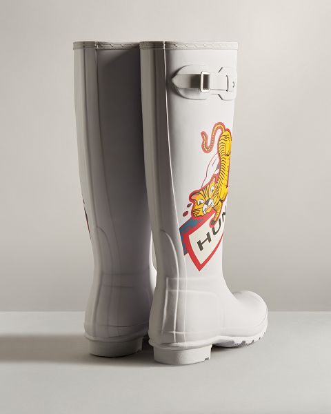 White / Brown Hunter Lunar New Year Large Tiger Logo Tall Women's Rain Boots | Ireland-25489