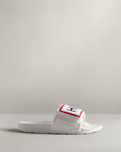 White Hunter Terry Towelling Logo Adjustable Men's Slides | Ireland-95647