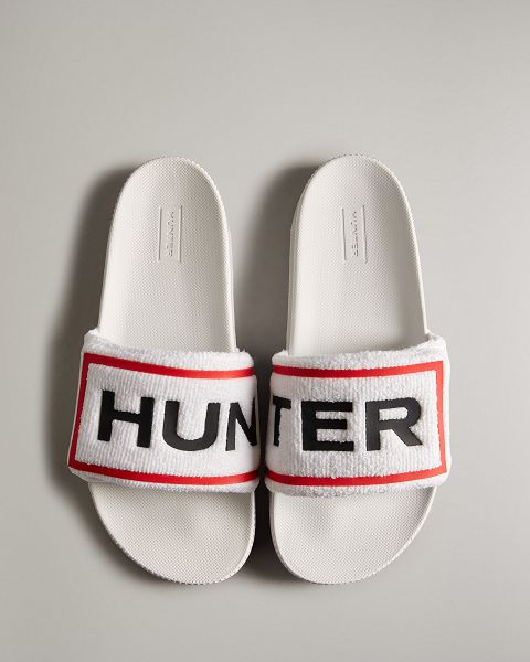 White Hunter Terry Towelling Logo Adjustable Men\'s Slides | Ireland-95647